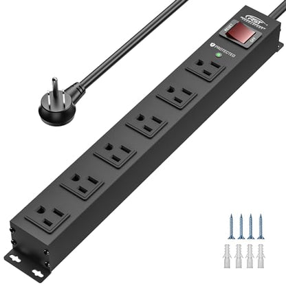 6 Outlet Heavy Duty Metal Power Strip with Switch 15A (Black-6 Outlet-6 FT / 1PK)