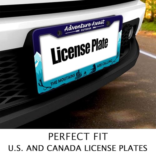 Adventure Await License Plate Frame Mountains Forest Bear License Plate Holder Metal Aluminum Rustproof Hiking Camping Car Tag Frame Auto Accessories Decoration for Women Men (Adventure -Blue)