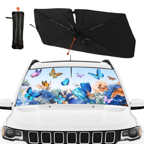 Butterfly Print Car Sunshade Umbrella Floral Windshield Sun Shade for Car Retractable Umbrella Sunshades for Front Window Butterflies Sun Shades Cover Visor Portector Block UV Rays (One Size / Style6)