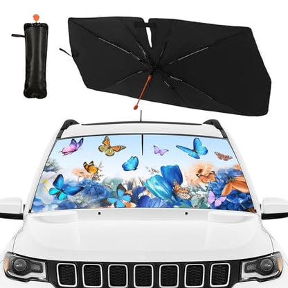 Butterfly Print Car Sunshade Umbrella Floral Windshield Sun Shade for Car Retractable Umbrella Sunshades for Front Window Butterflies Sun Shades Cover Visor Portector Block UV Rays (One Size / Style6)