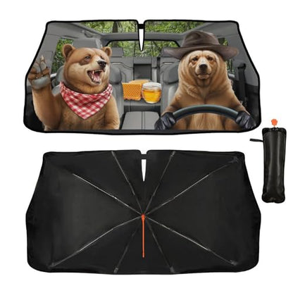 Funny Bear Driving Car Windshield Sun Shade Umbrella Fun Bear Sunshades for Car Windshield Upgraded Sun Visor Protector for Sedan SUV Most Vehicles Printed Front Window Shades (One Size / Style5)