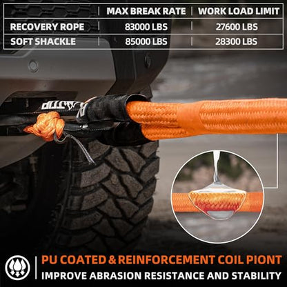 Kinetic Recovery Rope Kit w (1.5"x30'(Orange) + 2pcs Soft Shackle)