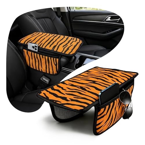 Animal Print Car Center Console Armrest Cover with 2 Side Pockets (Tiger Print)