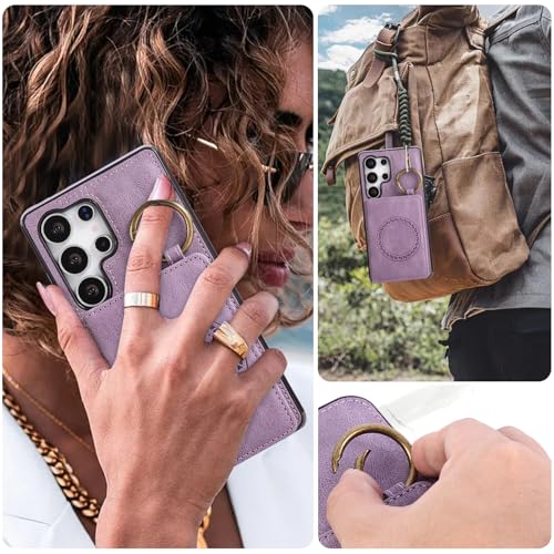 Compatible with Samsung Galaxy S26 Ultra 5G Wallet Case and Screen Protector Crossbody Shoulder Strap Ring Buckle Stand Card Holder Magnetic Car Mount Phone Cover for S26Ultra 26S S 26 26Ultra Purple (Purple / for S26 Ultra)
