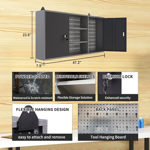Metal Wall Storage Cabinet with 22 Tool Hooks