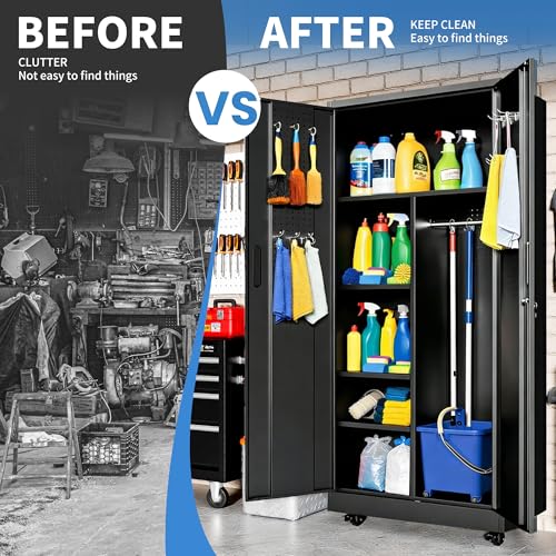 Metal Storage Cabinet for Garage (Black / L - 2 Doors & Hanging Rod (Wheeled))