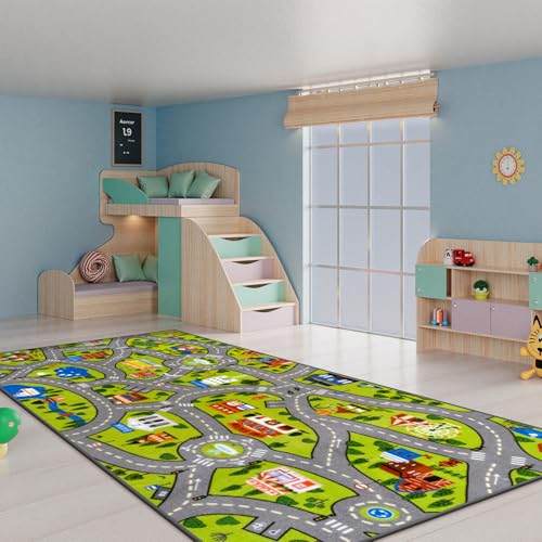 Washable Kids City Road Play Rug (3'3" x 6'7" / Green City1)
