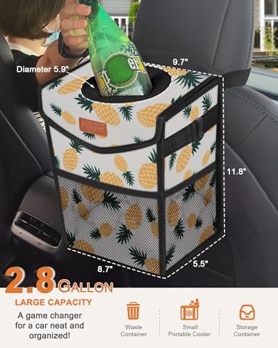 Car Trash Can with Lid Leakproof Car Garbage Bag Vehicle Trash Bin (2.8 Gallons / Pineapple Print)