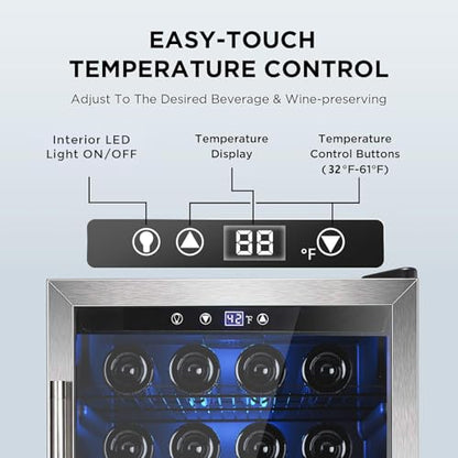 Wine Cooler 37 Bottle Freestanding Fridge with Stainless Steel Reversible Glass Door (Silver)