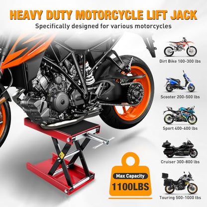 Motorcycle Lift Jack 1100 LBS Scissor Jack Stand Lift from 3.4" to 14.2" with Wide Deck Crank Handle Steel Scissor Hoist Garage Repair Lifter Table Jacks for Motorcycles ATV Dirt Bike (Red)