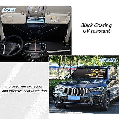 Gold White Butterflies Black Windshield Sun Shade Umbrella Foldable Car Front Window Sunshade Blocks UV Rays Heat Keep Vehicle Cool (multi 12)