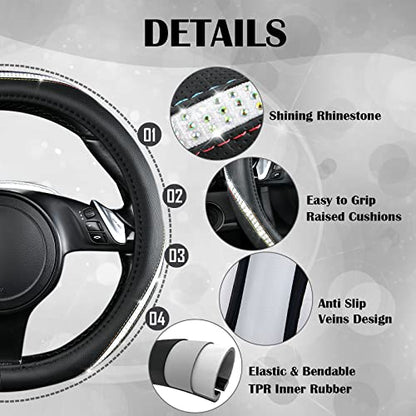 Bling Diamond Black Leather Steering Wheel Cover (Multicolor Diamond 1PCS)