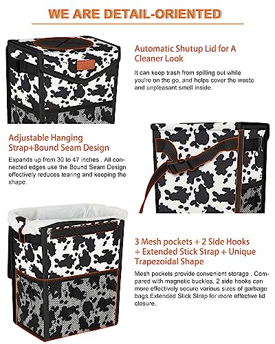 Car Trash Can with Lid Leakproof Car Garbage Bag Vehicle Trash Bin (2 Gallons / Cow Print)