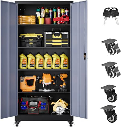 75" Tall Metal Storage Cabinet with Wheels (75"H x 31.5"W x 16"D / Black Gray)