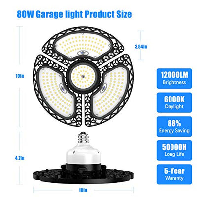 LED Garage Light 80W Deformable LED Ceiling Lights 12000 Lumens Led Shop Lights for Garage