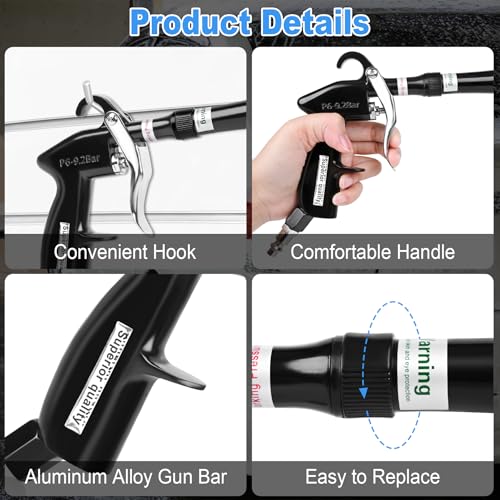 Air Blow Gun Car Detailing Dry Cleaning Gun with Tapered Nozzle High Pressure Cleaning Tool (Soft Hose -1 Nozzle / Black)