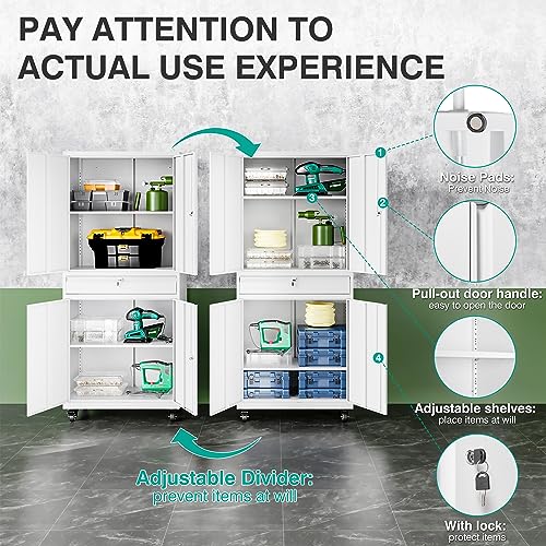 White Metal Storage Cabinet with Wheels and Drawer (73"H x 31.5"W x 16"D / White)