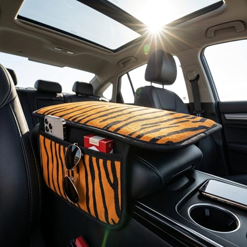 Animal Print Car Center Console Armrest Cover with 2 Side Pockets (Tiger Print)