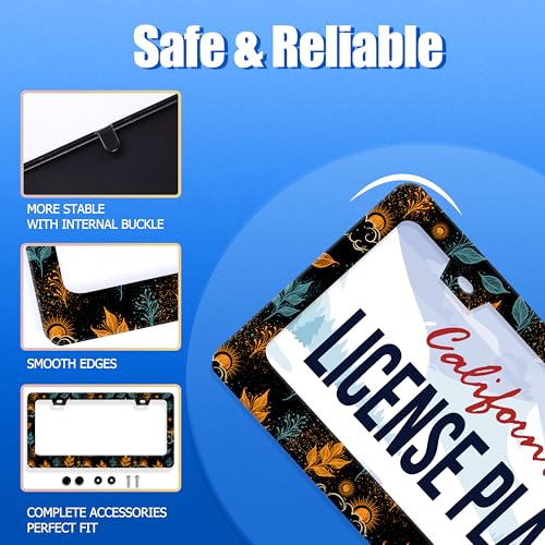 Galaxy License Plate Frame Colorful Starry Sky License Plate Stainless Steel Funny License Plate Holder for Men Women Universal Car Accessories Decoration 12.3" x 6.3" (Sun Galaxy With Leaves Print)