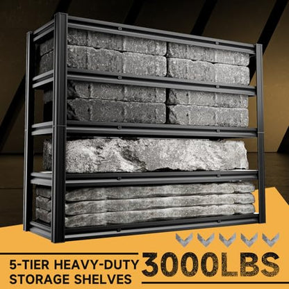 5 Tier 60" W x 20" D x 72" H Garage Shelving Metal Storage Rack 3000LBS Garage Shelving Heavy Duty Adjustable Storage Shelves Unit for Industrial Warehouse Basement Utility Shelf (Black-hidden Hole / 60"W x 20"D x 72"H)