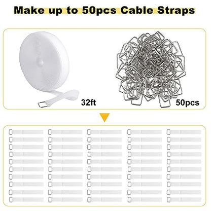 1"x32ft Hook and Loop Straps with 50 Metal Buckles (1in x 32ft White)