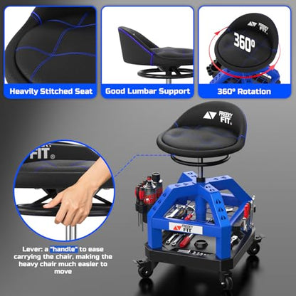 Rolling Shop Stool for Garage with Casters (Blue With Magnetic Tool Hold)