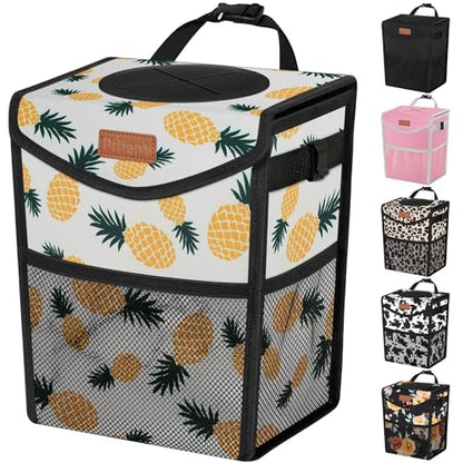 Car Trash Can with Lid Leakproof Car Garbage Bag Vehicle Trash Bin (2.8 Gallons / Pineapple Print)