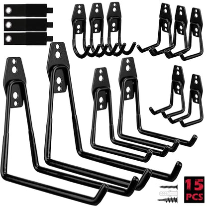 Garage Tool Storage Wall Hook Assortment Set (15-Pack Hooks + 3 Straps（black）)
