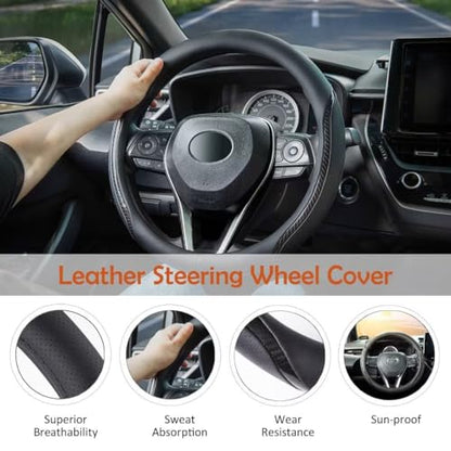 Black Steering Wheel Cover with Coasters Leather Universal 15 inch (Medium / black02)