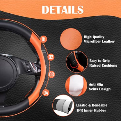 Line Rider Microfiber Leather Sporty Steering Wheel Cover Universal Fits for 95% Truck (Black＆Orange / Standard[14.5"-15"])