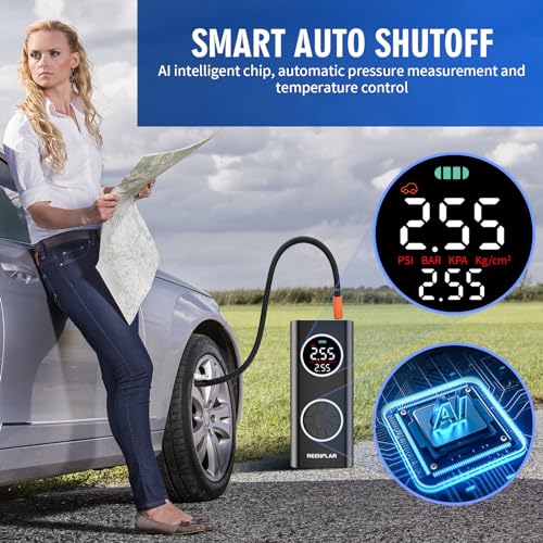 Cordless Tire Inflator Portable Air Compressor with Dual Nozzle & Digital Gauge (Upgraded Air Hose)