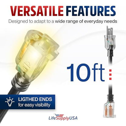 10ft Outdoor Indoor Extension Cord 10 (10 FT / 10AWG / Black)