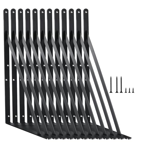 12 Pack L16 x H 10" Black Heavy Duty Shelf Brackets with Screws Metal Shelf Brackets Shelf Support Angle Brackets for Shelves L Brackets Heavy Duty Floating Shelf (12 Pack-Black / 16''x10'')