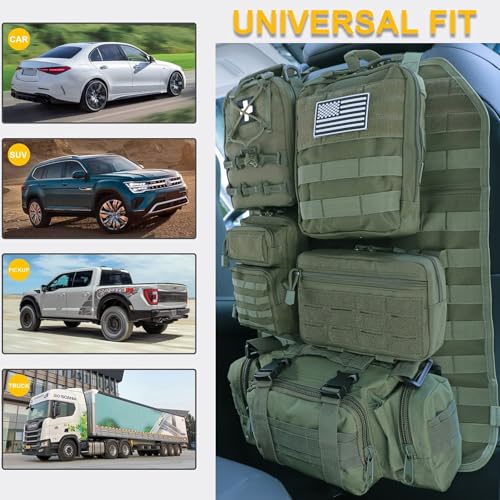 Universal Tactical Seat Back Organizer Vehicle Molle Panel Organizer Storage Bag with 5 Detachable Molle Pouch for All Vehicel Such as Jeep (Upgraded-B-Military Green)
