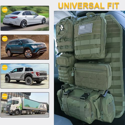 Universal Tactical Seat Back Organizer Vehicle Molle Panel Organizer Storage Bag with 5 Detachable Molle Pouch for All Vehicel Such as Jeep (Upgraded-B-Military Green)