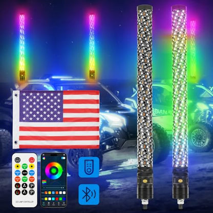 2PCS 2FT Fat Whip Lights 360°Spiral Chase Offroad Warning Lighted Antenna LED Whips Side by Side with Turn Signal Brake Reserving Lights for UTV ATV RZR Can (Fat 2PCS 2FT)