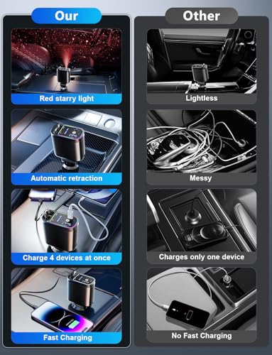 Retractable Car Charger with Starlight (Black / Apple & Type C)