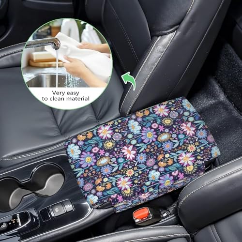 Hippie Flower Lotus Car Center Console Cushion Cover Universal Armrest Box Mat Scratch Resistant Wear (Hippie Flower Lotus Blue Violet)