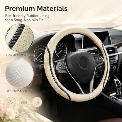 Beige Steering Wheel Cover with Coasters Leather Universal 15 inch (Medium / beige)