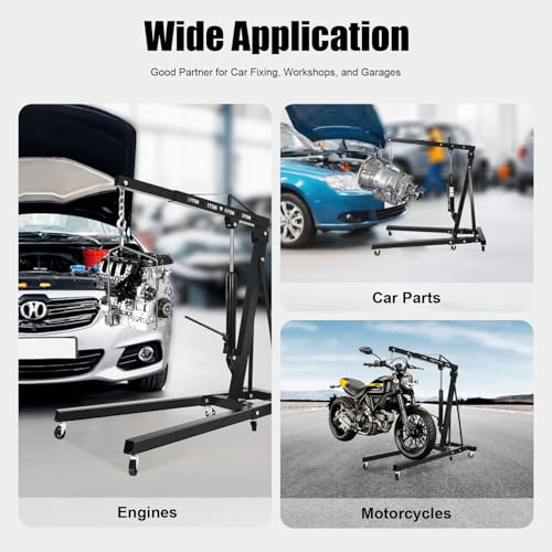 Folding Engine Crane 2 Ton Folding Engine Hoist 4400lbs Crane Hoist Lift with 6 Iron Caster Wheels for Garage (Black-A / 2T-4400lbs)