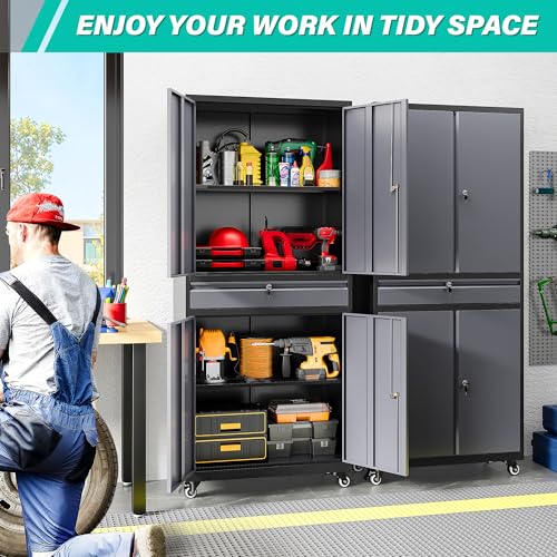 Metal Garage Storage Cabinet with Wheels and Drawer (73"H x 31.5"W x 16"D / Black Gray)