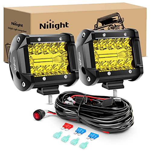 2PC 4Inch Yellow Led Pods Triple Row 60W Flood Spot Combo Driving Fog Lights with 16AWG Switch Wiring Harness Kit (Led Pods)