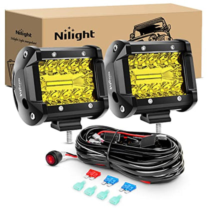 2PC 4Inch Yellow Led Pods Triple Row 60W Flood Spot Combo Driving Fog Lights with 16AWG Switch Wiring Harness Kit (Led Pods)