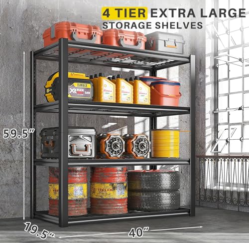 40" W Storage Shelves with Wire Mesh Panels for Garage Organization (Black)