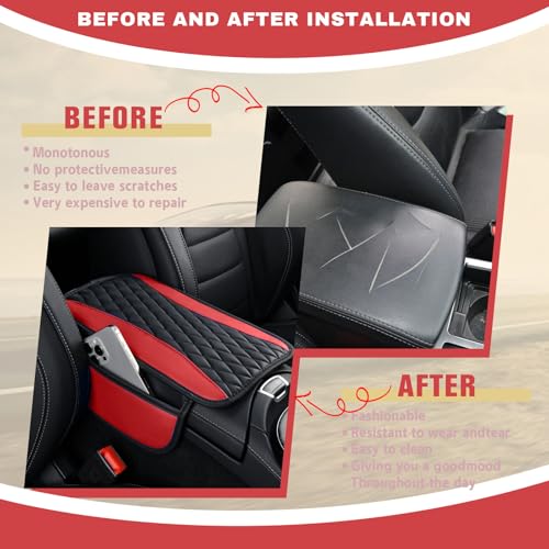 Leather Car Center Console Cover with Side Pockets (Red)