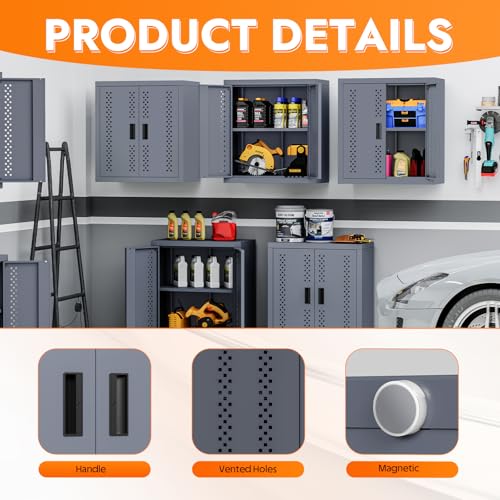 Metal Wall Storage Cabinet Steel Wall Mounted Garage Storage Cabinet with Adjustable Shelf and Doors for Basement Utility Room Warehouse Kitchen (H28")