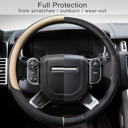 Breathable Car Steering Wheel Cover 16 inch Auto Universal Leather Wrap Non (A-Beige / L (15.5"-16"))