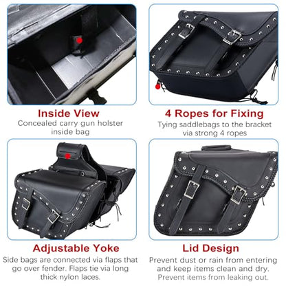 Naked Cowhide Leather Motorcycle Saddle Bags Studded Throw Over Saddlebags (Black 31L Studded & Braided)
