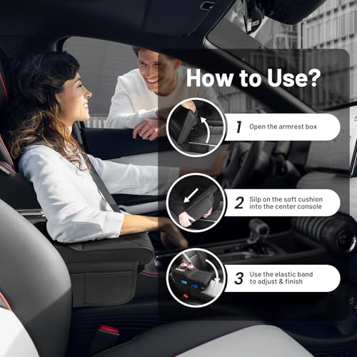 4-in-1 Center Console Cover for Tesla Model Y/Model 3 2020-2026 Accessories Armrest Cushion with Multi-Purpose Storage Leather Middle Console Cover for Model Y Juniper/Model 3 Highland (12)20-26|Model Y&3|Black,+Thick,+ Pockets)