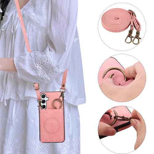 Compatible with Samsung Galaxy S23 FE 5G Wallet Case and Screen Protector Crossbody Shoulder Strap Ring Buckle Stand Card Holder Magnetic Car Mount Phone Cover for S 23 EF S23FE 23S Women Men Pink (Rose Gold / for S23 FE)